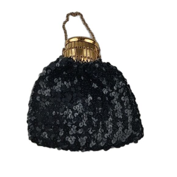 Vintage Handbags - Vintage Black Sequin Beggars Bag Accordion Purse Satin Lining Expand Gate Top